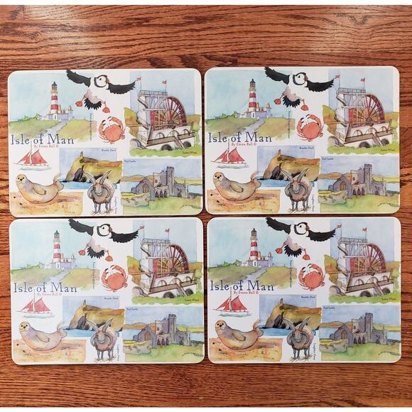 Set of Four Isle of Man by Emma Ball Melamine Cork Placemats Watercolors - Picture 1 of 14
